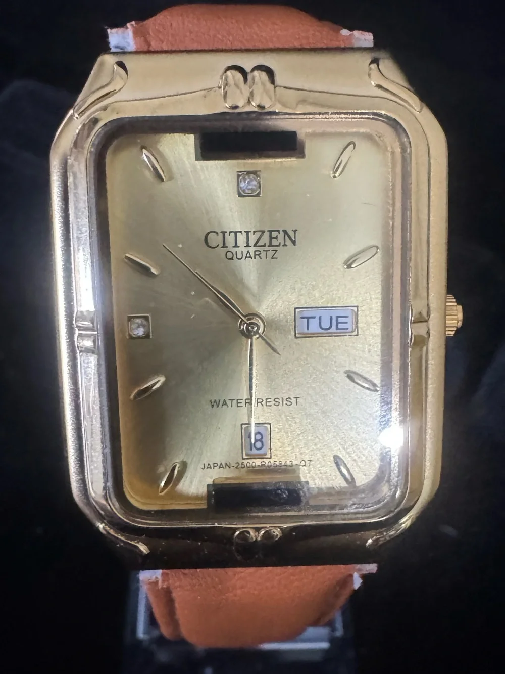 Citizen Gold-Tone Rectangular Watch with Tan Strap
